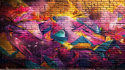 A vibrant and dynamic graffiti artwork covering an entire brick wall, showcasing a blend of abstract shapes and vivid colors that pop against the urban backdrop.