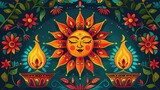 Fototapeta  - A Sinhala New Year greeting card featuring traditional motifs such as the sun, representing the dawn of a new year, and oil lamps, symbolizing light and hope.