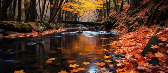 Wall Mural - A river flows through a lush forest, with sunlight filtering through the trees onto the water and grassy banks, creating a tranquil natural landscape