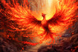 A red bird with flames on its wings flying through a rocky landscape