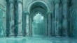 Ancient underwater ruins with ornate columns and arches. 3D digital art with a mysterious Atlantis concept. Ideal for poster, wallpaper, and book cover design with place for text