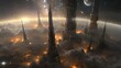  An artist renders a sci-fi metropolis with cloudy skies, starry backdrop, and a distant planet in the background