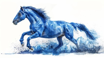 Wall Mural -  A painting depicts a blue horse galloping through water while blue paint drips from its body