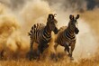 Two zebras running in dust. African savannah and wildlife concept. National Reserve, Kenya. Design for banner, poster