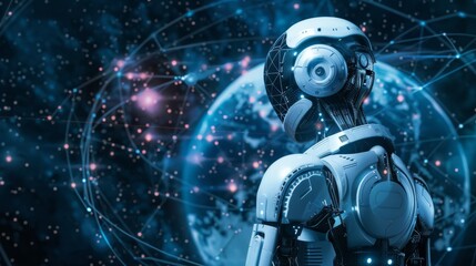 Poster - Robot Standing in Front of Blue Background
