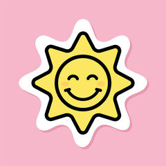 Wall Mural - happy sun with smiling eyes sticker, yellow symbol with black outline, cute cartoon sun with closed eyes on pink background, groovy aesthetic vector design element