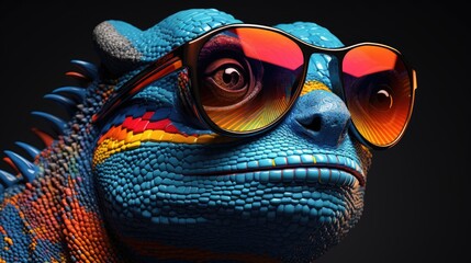 Wall Mural - Portrait of a chameleon. Funny lizard with sunglasses. Digital art. Illustration for cover, card, flyer, poster or print on t-shirt, bag, etc.