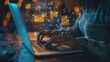 Close up of female hands using laptop keyboard on desk with glowing email letter icons on blurry background. Communication and business message concept. AI generated illustration