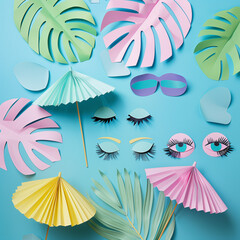 Wall Mural - summer beach background with palm leaf,  monstera leaf,sunglasses, Eyelashes and umbrellas. Creative summer concept.