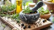  Mortar bowl, herbs, olives, board, cut, bottle, olive oil