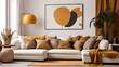 Boho interior design of modern living room, home. White corner sofa with dark mustard pillows against wall with two posters.