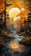 © milicenta - Fantasy landscape with a forest and a river. Illustration. Poster art.