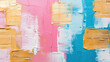 Closeup of abstract rough pastell pink blue white and golden art painting in geometric shapes, with oil brushstroke, pallet knife painting, texture