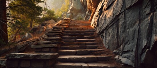 Canvas Print - A set of stone stairs winding through the dense jungle, leading up to a cliff in the woods surrounded by terrestrial plants and towering trees