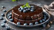 Gourmet chocolate cake with glossy chocolate glaze and fresh blueberries