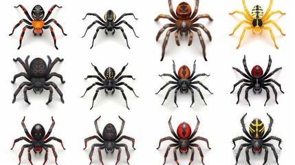 Photo realistic wild predator spider animal  set collection. Isolated on white background 