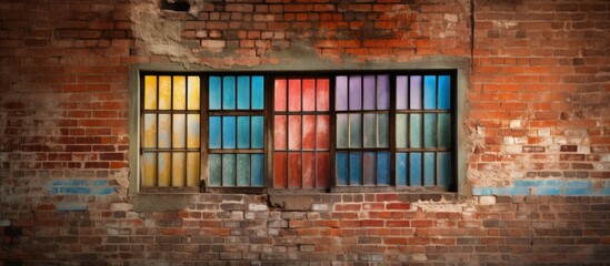 Wall Mural - A building material made of brickwork forms a facade with a stained glass window, blending art and architecture with tints and shades