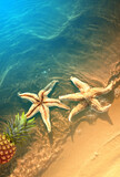 Fototapeta Do akwarium - Yellow pineapple and starfish on a blue water background.