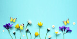 Fototapeta Desenie - Set with beautiful meadow flowers on blue background.