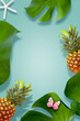 Top view of holiday travel beach with starfish, pineapple, flower plumeria and monstera leaves on blue background