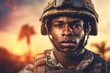 Afro man wearing military uniform with camouflage fatigues, sunset . Generative Ai