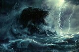 Fototapeta  - Darkness in Babylon, Beast from the Sea, Book of Revelation Illustration with Lightning