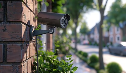 A camera mounted on a wall as part of a cctv security system outside a home. 3D rendering