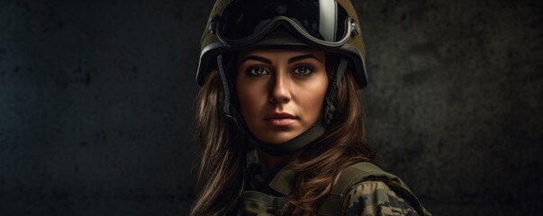 Wall Mural - European woman wearing military uniform with camouflage fatigues, helmet, banner. Generative Ai,