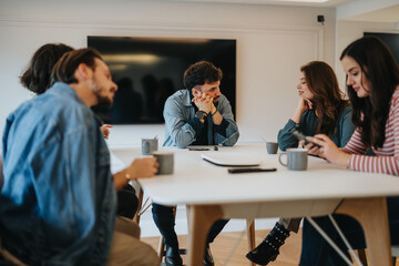 Poster - A group of young professionals engaged in a discussion at a casual business meeting, brainstorming with laptops and smart phones.