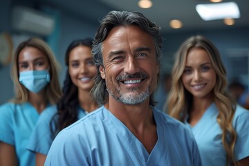 Wall Mural - Smiling doctor and colleagues in clinical setting.