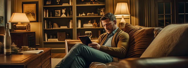 Wall Mural - A man in a green jacket is sitting on a couch and reading a tablet. The room is filled with books, and there is a potted plant in the background. The atmosphere of the image is cozy and comfortable