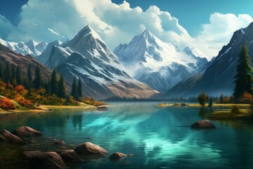 Wall Mural - Serene Mountains lake art sunset. Light backdrop. Generate Ai