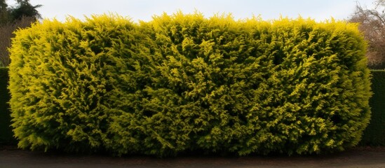 Wall Mural - A dense evergreen shrub with yellow leaves is enclosed by a green rectangular fence