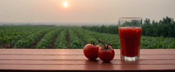 Wall Mural - Fresh tomatoes and juice on table, field in background. Harvesting vegetables