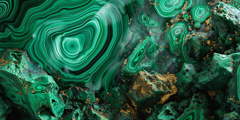 Malachite mineral closeup, green background with gold, artificial marble stone texture, abstract marbling decor collection, malachite green and jasper with golden veins. Turquoise polished texture