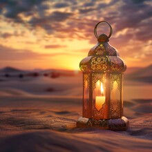 Traditional Ornamental Arabic Lantern With A Burning Candle In Desert During Sunset. Festivel Greeting Card For Ramadan Kareem And Ramadan Mubarak