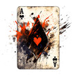 A card with a heart and the letter A on it. The card is covered in splatters of paint, giving it a messy and chaotic appearance