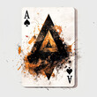 A card with a black Ace and a triangle on it. The card is covered in splatters of paint, giving it a messy and chaotic appearance