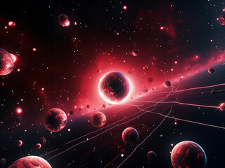 Wall Mural - Red planets shining in the galactic abyss. AI Generation.