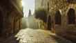 Empty street in Jerusalem. Morning in a medieval city. Roads and alleys. Biblical city. Real photo. A back alley in an ancient city like Bethlehem.