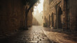 Empty street in Jerusalem. Morning in a medieval city. Roads and alleys. Biblical city. Real photo