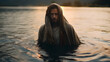 Man baptized in water. John the Baptist. Walking in water. Submerged at dawn