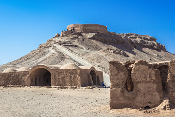 Poster - Ruins in area of Dakhma - Tower of Silence, ancient structure built by Zoroastrians in Yazd city, Iran