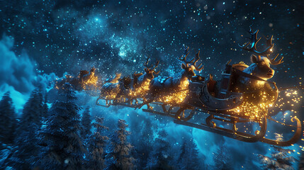 Wall Mural - Santa Claus in his sleigh which is being pulled by 4 realistic reindeer, starry sky, trees below