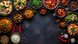 Asian food background with various ingredients on rustic stone background