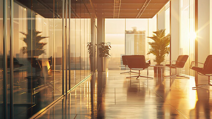 Poster - A large open office space with a lot of natural light and plants. The room is filled with chairs and a few potted plants