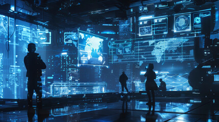 Poster - A futuristic cityscape with people walking around and a few people standing in front of a large screen