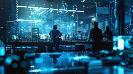 Poster - A group of people are standing in front of a computer monitor. The room is filled with computer equipment and the people are wearing headphones. Scene is focused and intense