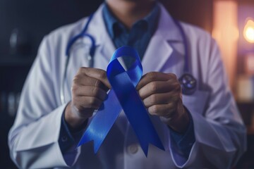 Wall Mural - A doctor holding a blue ribbon in his hand