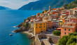 Aerial view of bird flying over Vernazza cityscape, Italy